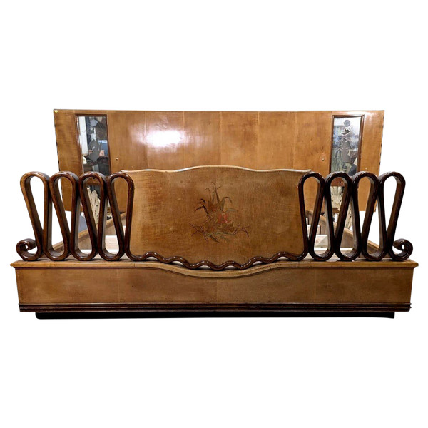 1950 Italian Bed In Maple, Marquetry And Venetian Glass, Work In The Spirit Of Paolo Buffa