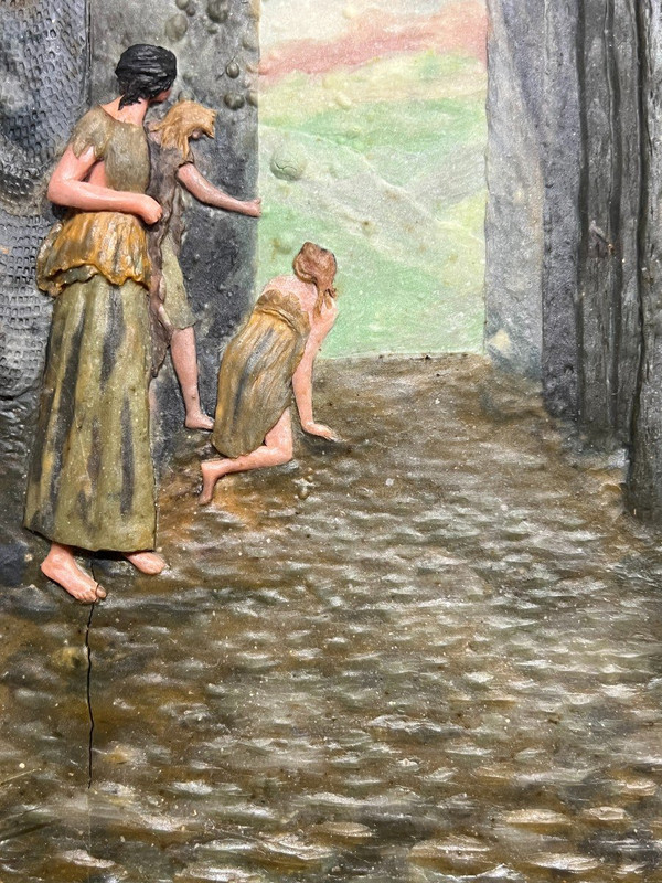 Desnoyer (xix-xx) - Pêcheurs à l'Antique - Polychrome Wax Bas Relief, 1909