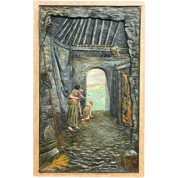 Desnoyer (xix-xx) - Pêcheurs à l'Antique - Polychrome Wax Bas Relief, 1909
