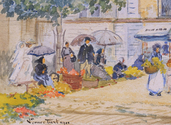 Pierre Léonce FURT, Scena di mercato in Bretagna, acquerello