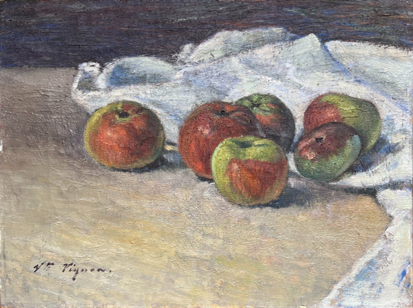 Victor Vignon (1847-1909) - Stillleben mit Äpfeln und Tischdecke, Circa 1890
