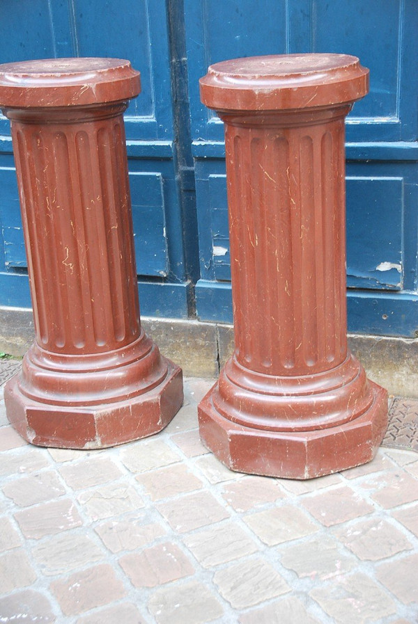 Paire De Colonnes Cannelées Façon Marbre Rouge Royal XIXe siècle