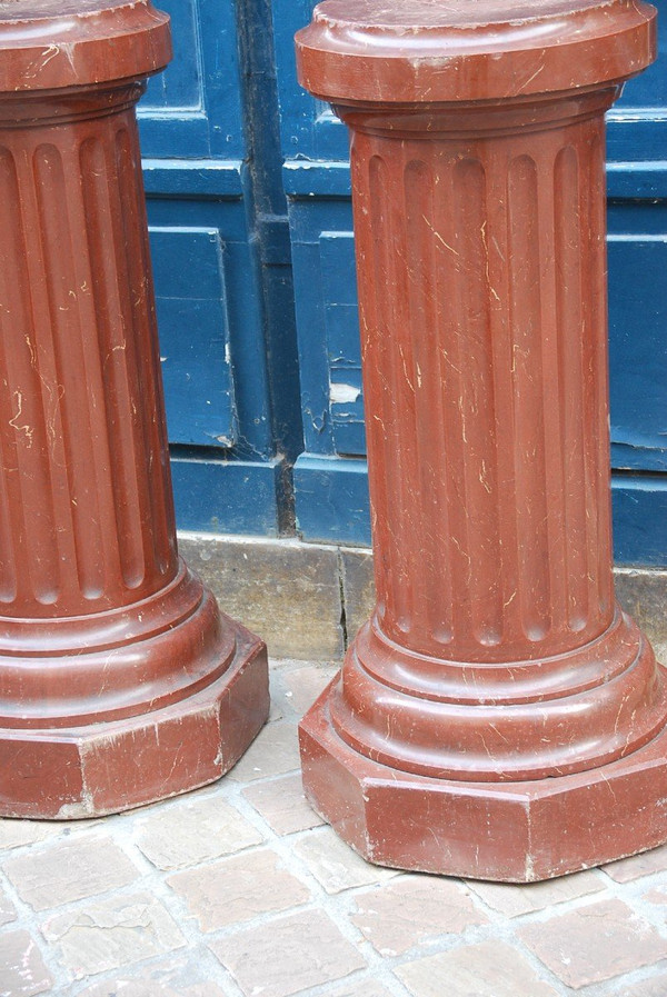Paire De Colonnes Cannelées Façon Marbre Rouge Royal XIXe siècle