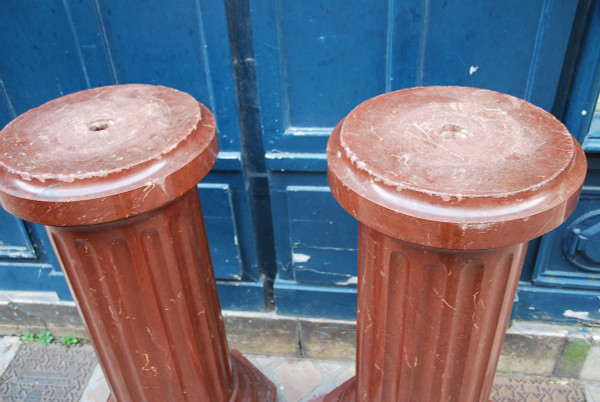 Paire De Colonnes Cannelées Façon Marbre Rouge Royal XIXe siècle
