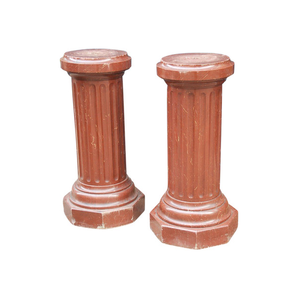 Paire De Colonnes Cannelées Façon Marbre Rouge Royal XIXe siècle