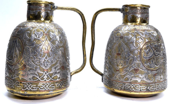Coppia Di Brocche In Rame E Argento Dinanderie Opera Orientale, 1880/1900
