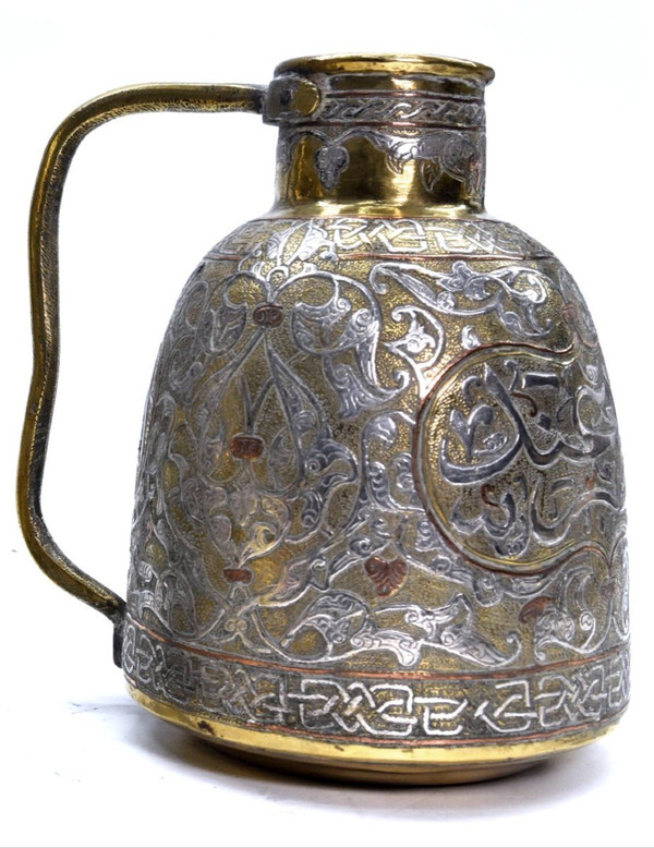 Coppia Di Brocche In Rame E Argento Dinanderie Opera Orientale, 1880/1900