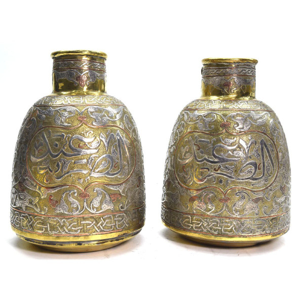Coppia Di Brocche In Rame E Argento Dinanderie Opera Orientale, 1880/1900