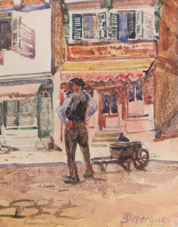André Alfred DEBERGUE, Animierte Straße in Lannion in den Côtes d'Armor