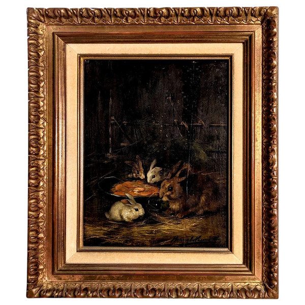 Oil On Canvas With Small Rabbits, XIXth Century By Brunel De Neuville