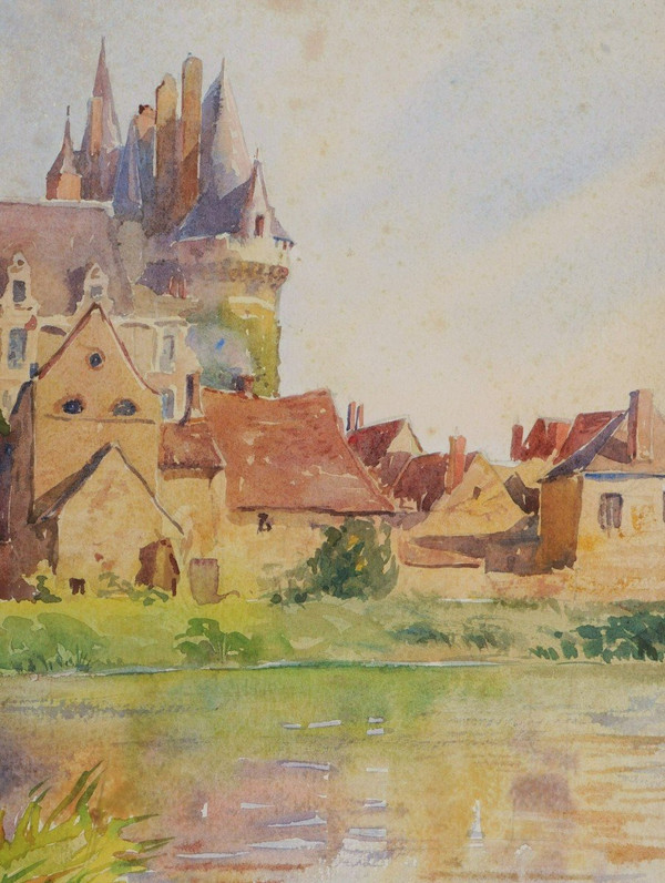 André Alfred DEBERGUE, Vue du Château de Durtal en Anjou