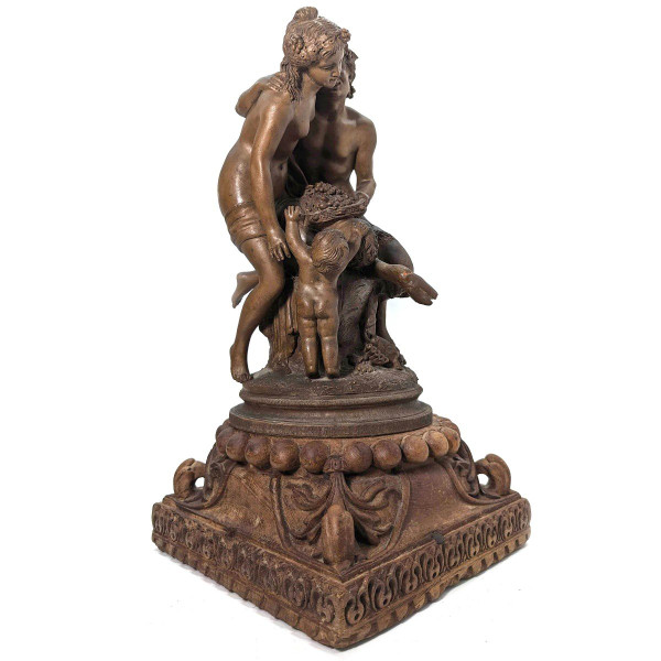 "groupe En Terre Cuite De Clodion  La Jeune Fille Et Le Faune, Sur Socle En Bois Sculpté