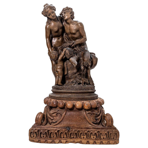 "groupe En Terre Cuite De Clodion  La Jeune Fille Et Le Faune, Sur Socle En Bois Sculpté