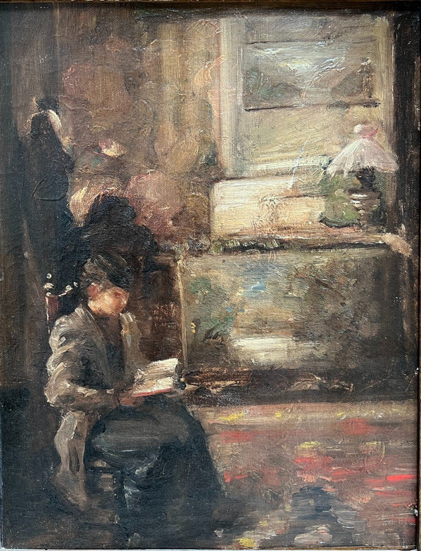 Scuola francese del XIX secolo - Entourage di Edouard Vuillard Interno, donna che legge