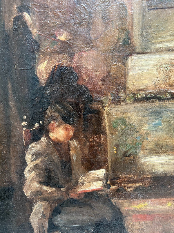 Scuola francese del XIX secolo - Entourage di Edouard Vuillard Interno, donna che legge