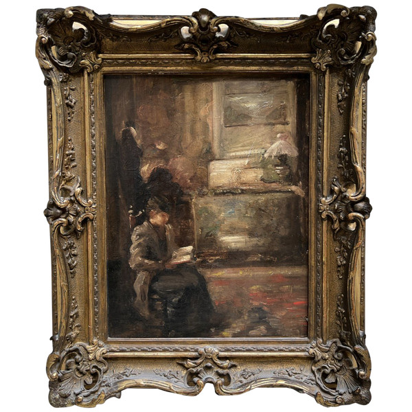 Scuola francese del XIX secolo - Entourage di Edouard Vuillard Interno, donna che legge