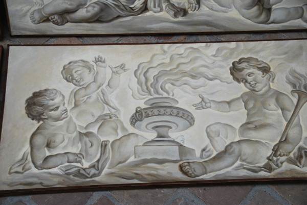 Suite Of 4 Putti Painted Canvases Attributable To Piat Joseph Sauvage Late 18th Century