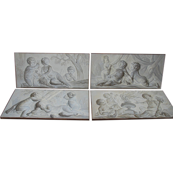 Suite Of 4 Putti Painted Canvases Attributable To Piat Joseph Sauvage Late 18th Century