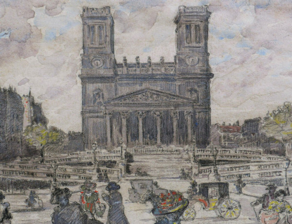Gustave FRANTZEN, scena vivace in rue la Fayette con la chiesa di Saint-Vincent-de-Paul