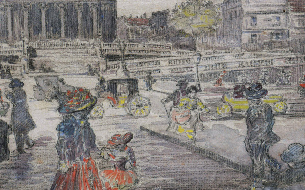 Gustave FRANTZEN, scena vivace in rue la Fayette con la chiesa di Saint-Vincent-de-Paul