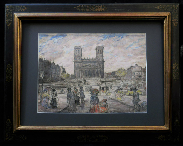 Gustave FRANTZEN, scena vivace in rue la Fayette con la chiesa di Saint-Vincent-de-Paul