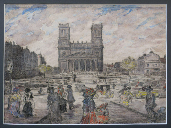 Gustave FRANTZEN, scena vivace in rue la Fayette con la chiesa di Saint-Vincent-de-Paul