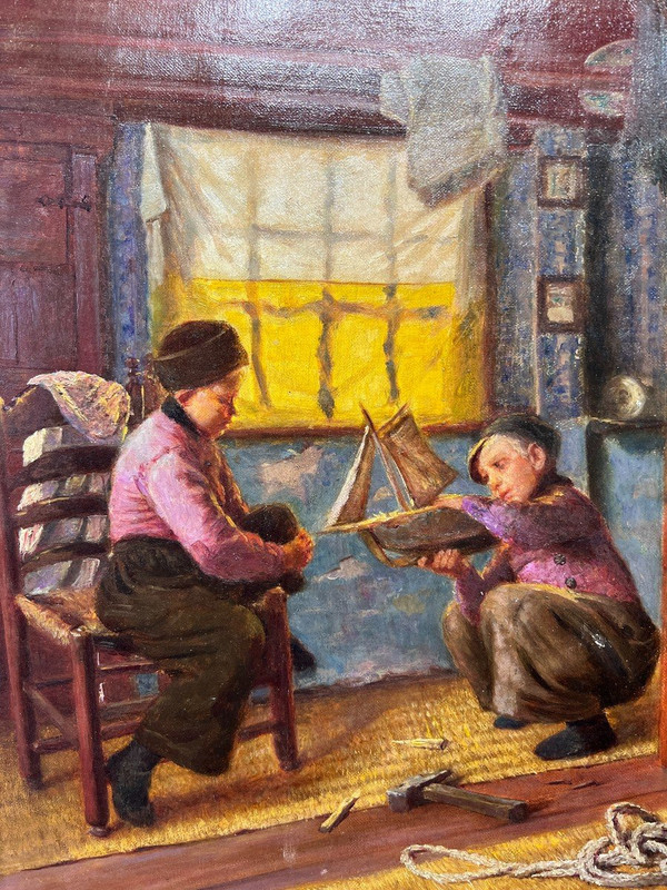 Max Kahn (1857-1939) - Enfants Hollandais Fabricant Leur Bateau Jouet, 1891