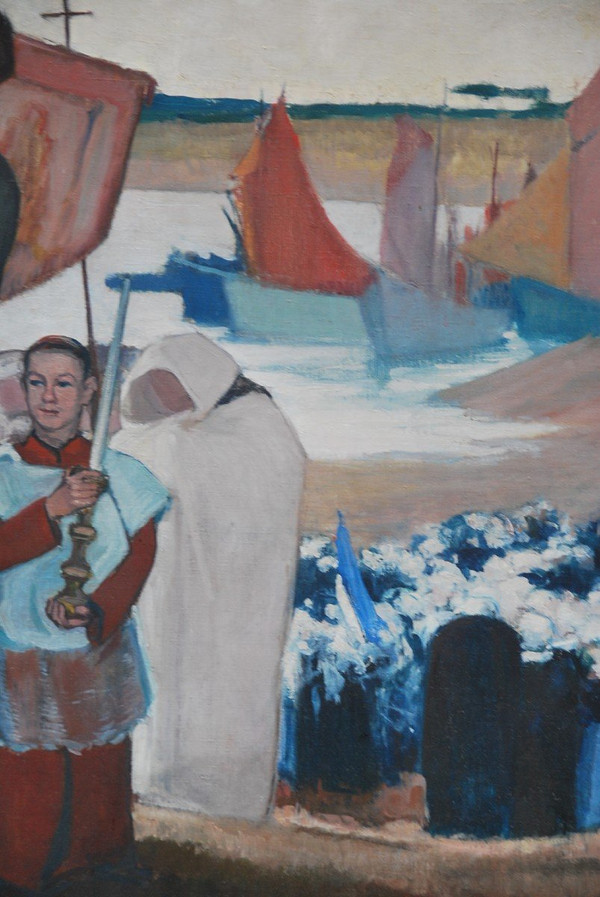 Brittany, Procession Large Oil On Canvas Signed De Mareels