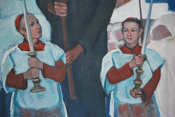 Brittany, Procession Large Oil On Canvas Signed De Mareels