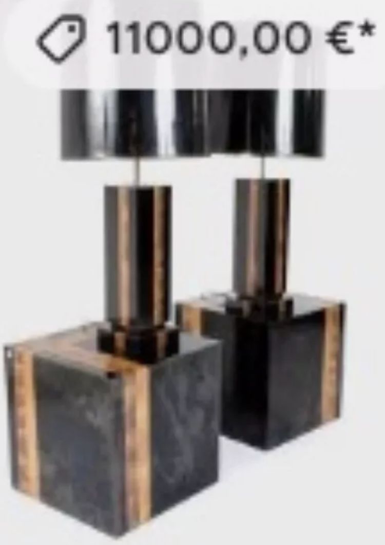 France, Circa 1970. Side tables & lamps set in lacquered wood and copper slats
