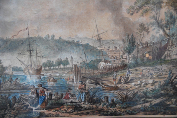 Jean Baptiste Lallemand, Aquarelle Scène De Port école XVIIIe siècle