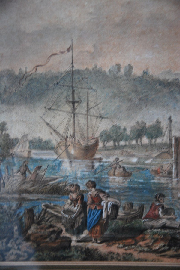 Jean Baptiste Lallemand, Aquarelle Scène De Port école XVIIIe siècle