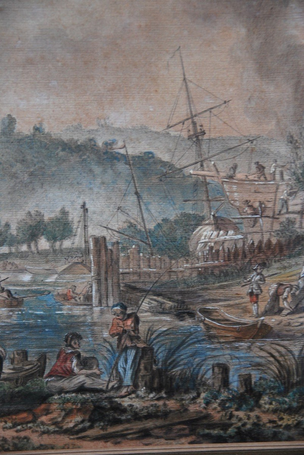Jean Baptiste Lallemand, Aquarelle Scène De Port école XVIIIe siècle