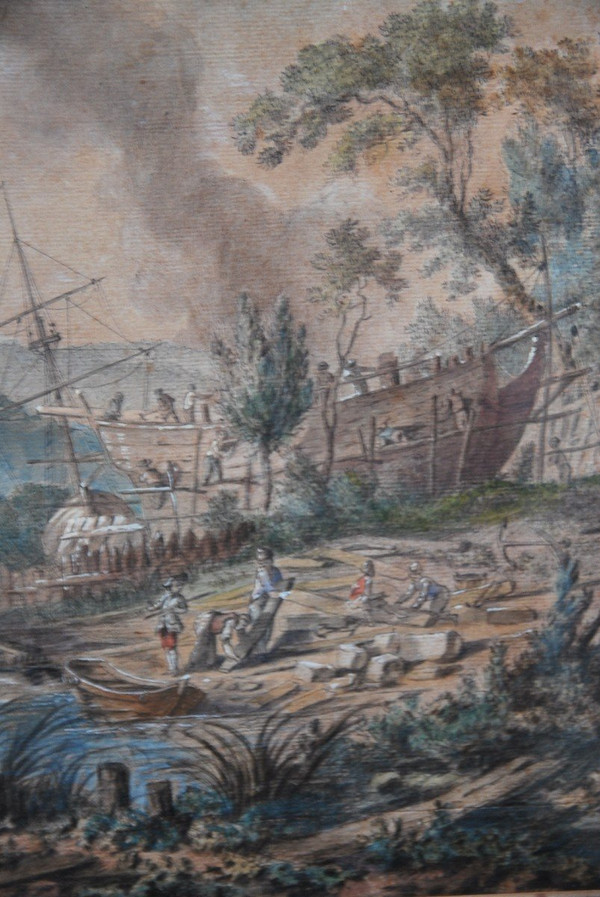 Jean Baptiste Lallemand, Aquarelle Scène De Port école XVIIIe siècle