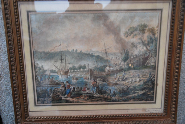 Jean Baptiste Lallemand, Aquarelle Scène De Port école XVIIIe siècle
