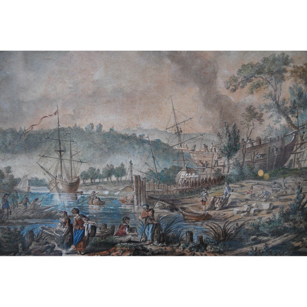Jean Baptiste Lallemand, Aquarelle Scène De Port école XVIIIe siècle