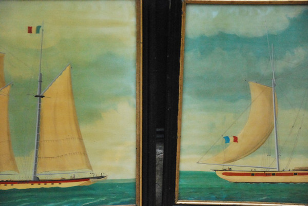 Deux Peintures Sur Verre, Goélettes  XIXe siècle