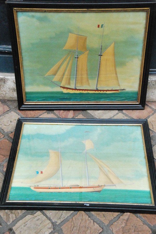 Deux Peintures Sur Verre, Goélettes  XIXe siècle