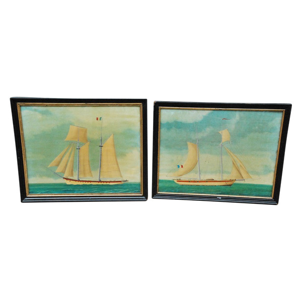 Deux Peintures Sur Verre, Goélettes  XIXe siècle