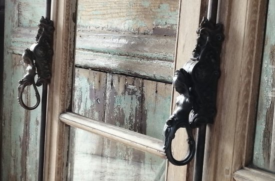 Fenster und Cremone alte neunzehnte in Eichentür Vitrine Bibliothek Werkstatttüren Reflexionen
