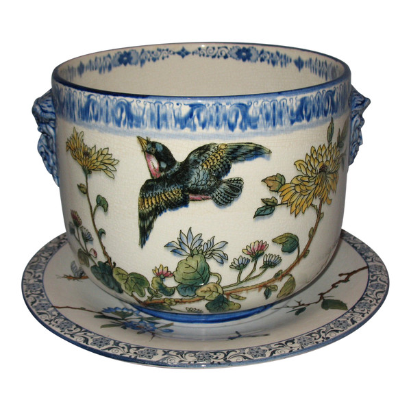 Large cachepot and its frame in Gien earthenware Japanese decor with a bird, 19th century