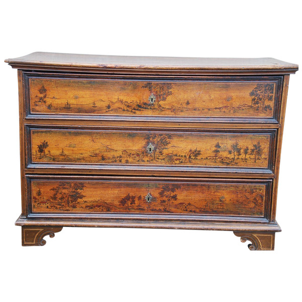Commode En Noyer Fin XVII  Avec Scènes Paysagées