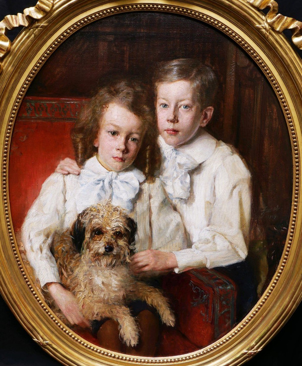 Lucien Hector JONAS, Portrait of two children with their dog
