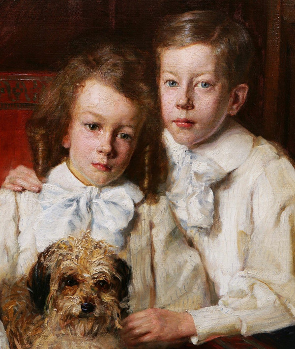 Lucien Hector JONAS, Portrait of two children with their dog