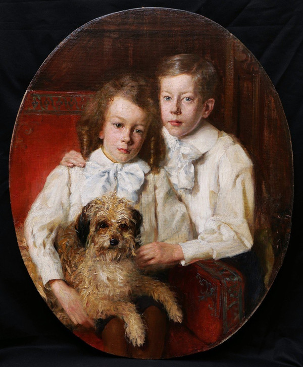 Lucien Hector JONAS, Portrait of two children with their dog