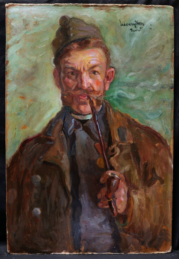 Dezső UDVARY, Self-portrait as a soldier with a pipe