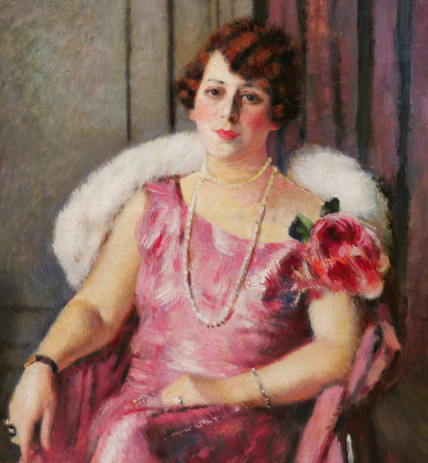 Charles François Prosper GUÉRIN, Porträt einer sitzenden Frau in einem rosa Kleid (GROSSFORMAT)
