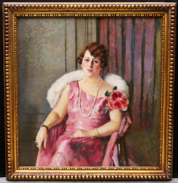Charles François Prosper GUÉRIN, Porträt einer sitzenden Frau in einem rosa Kleid (GROSSFORMAT)