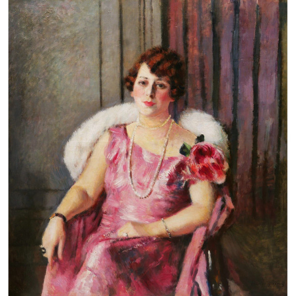 Charles François Prosper GUÉRIN, Porträt einer sitzenden Frau in einem rosa Kleid (GROSSFORMAT)