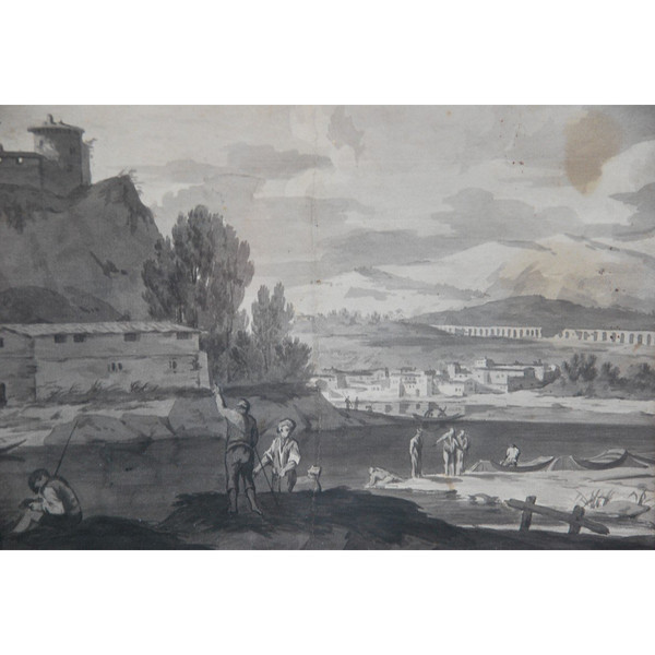 Dessin Au Lavis Paysage Et Architecture Suiveur De Joseph Vernet